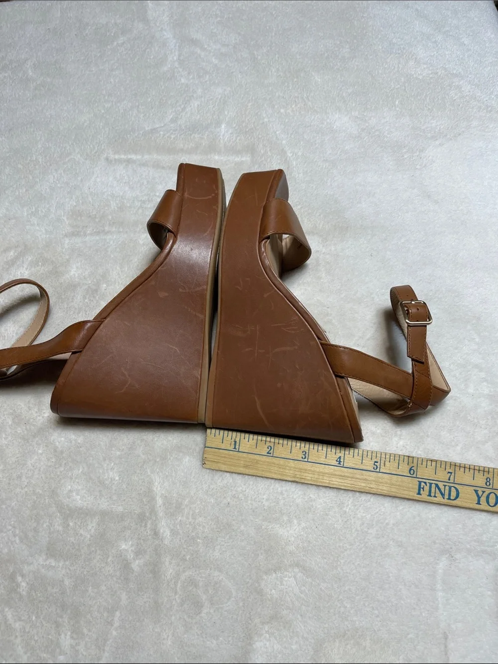 ANTONIO MELANI Tan Leather Platform Wedge Sandals with Slingback Ankle Strap Sz6